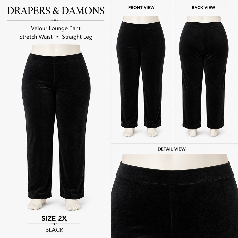 Drapers & Damons Women Black Velour Pant Stretch Waist Straight Leg Size 2X